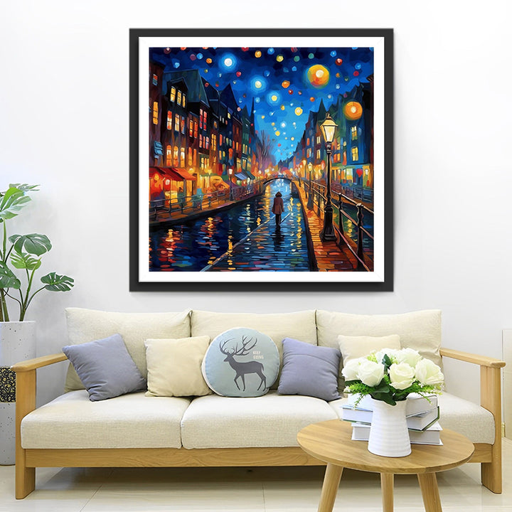 Voetganger in de Stad onder de Sterrennacht Diamond Painting