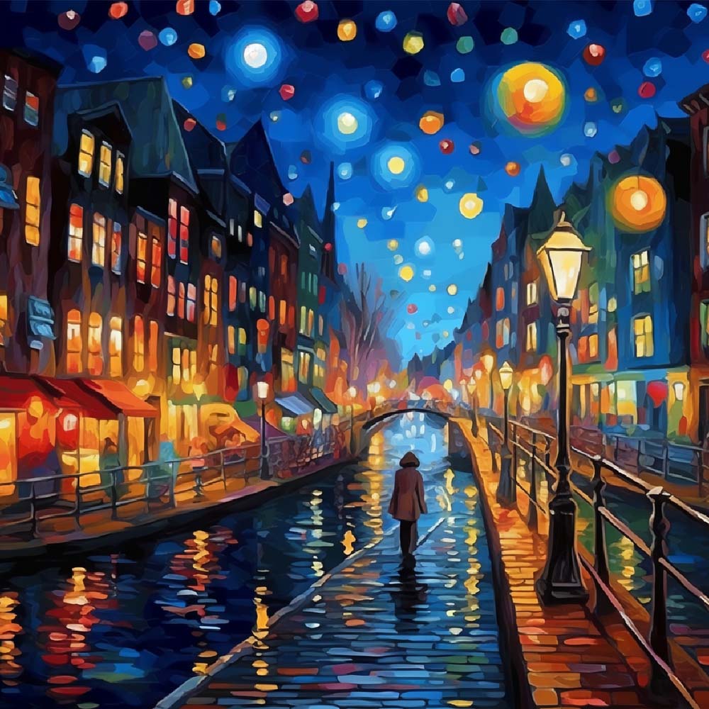 Voetganger in de Stad onder de Sterrennacht Diamond Painting