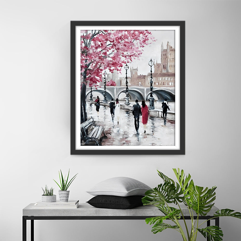 Voetgangers en Bloesemboom op de Stadsstraat Diamond Painting