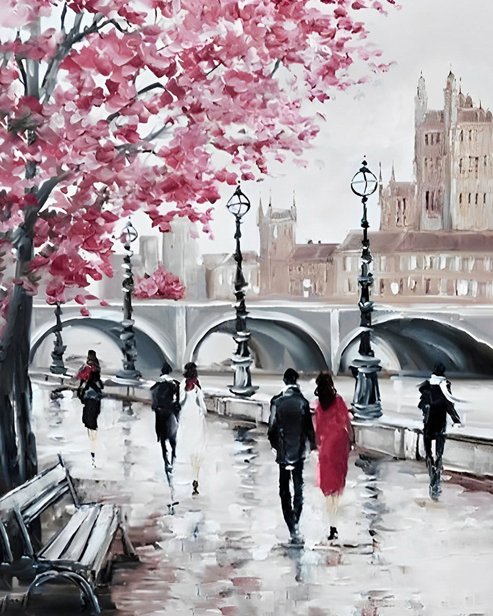 Voetgangers en Bloesemboom op de Stadsstraat Diamond Painting