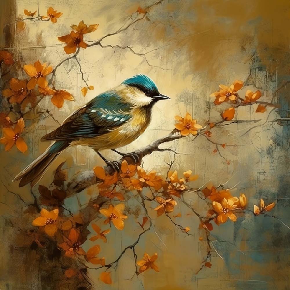 Vogel op Bloemenboom Diamond Painting