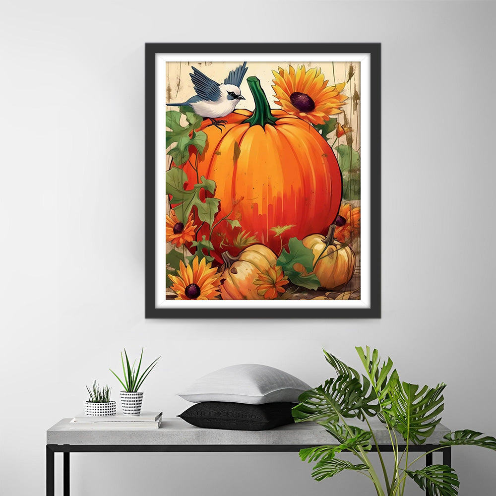 Vogel op de Grote Pompoen Diamond Painting