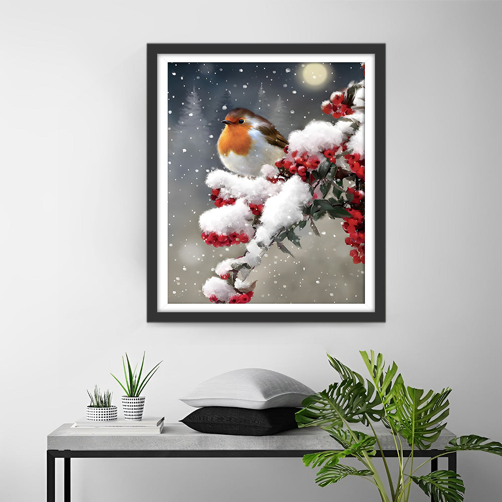 Vogel op een Besboom in de Sneeuw Diamond Painting