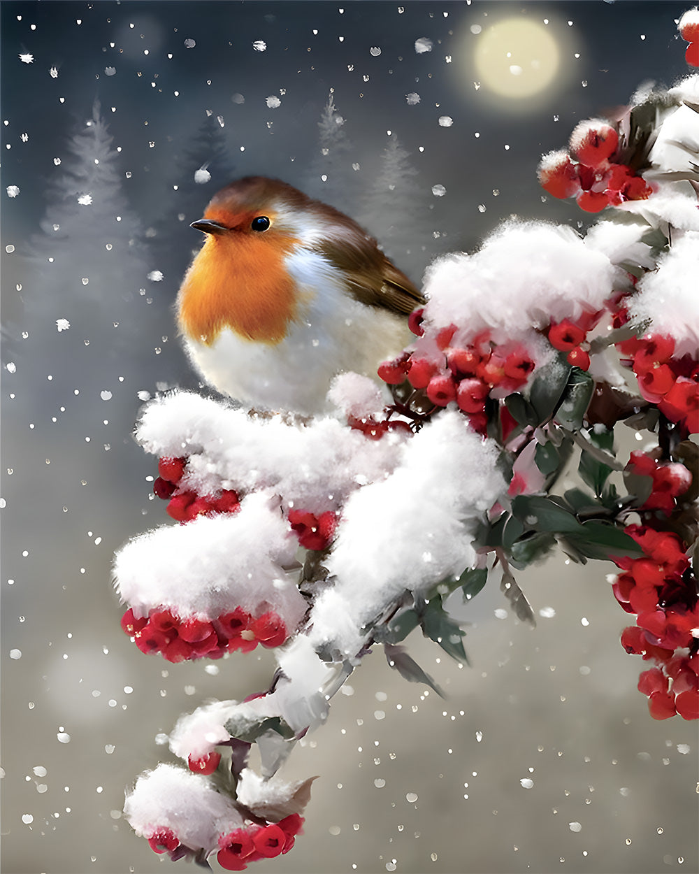 Vogel op een Besboom in de Sneeuw Diamond Painting