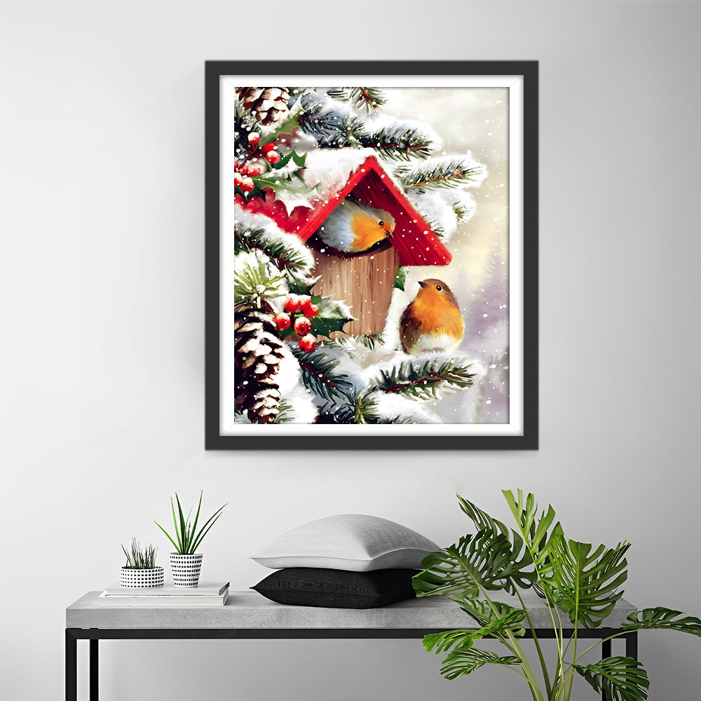 Vogelhuisje in de Sneeuw Diamond Painting