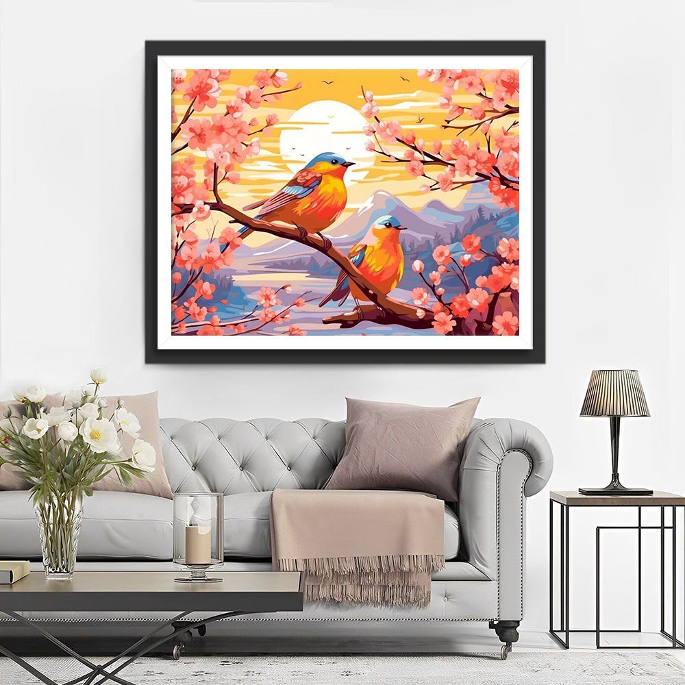 Vogels, Bloem en Zonsondergang Diamond Painting