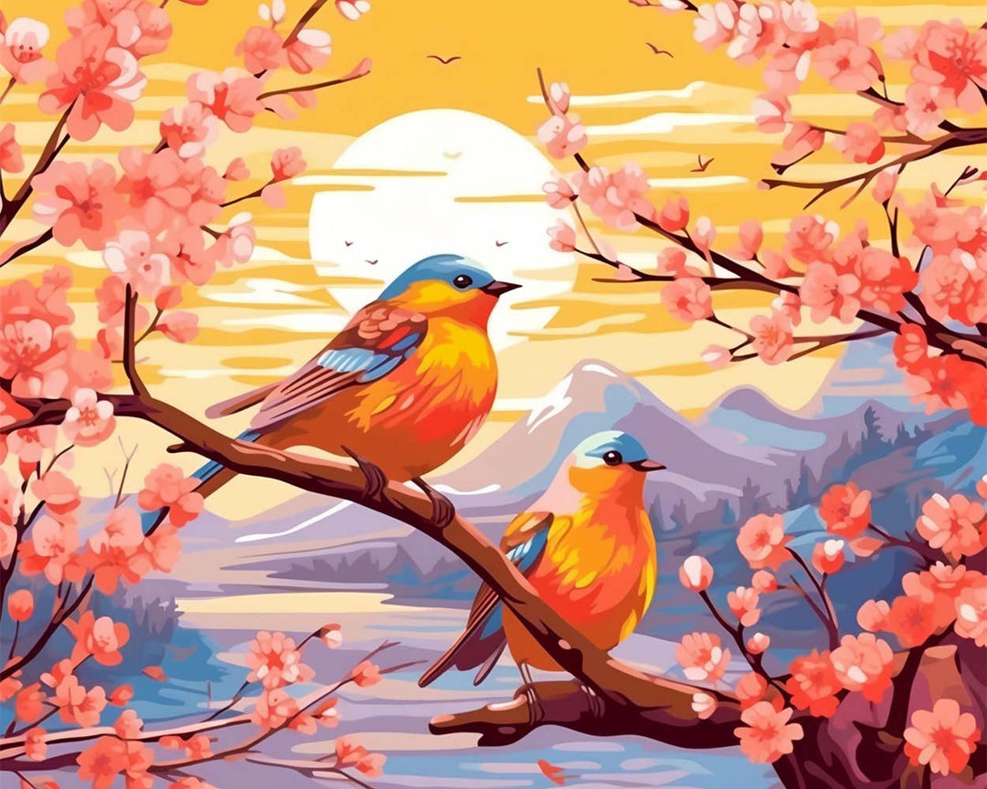 Vogels, Bloem en Zonsondergang Diamond Painting