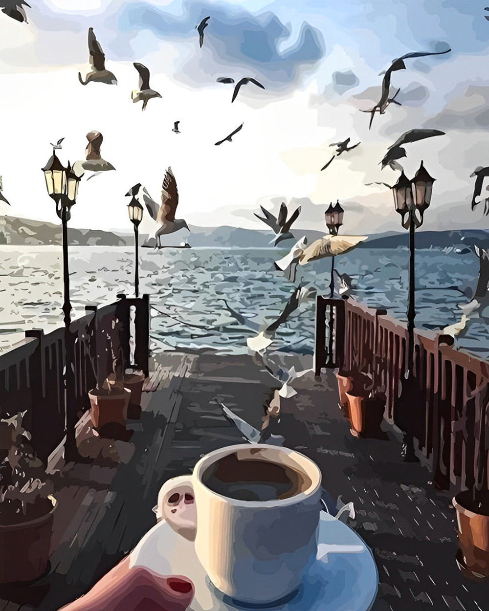 Vogels en Koffie aan Zee Diamond Painting