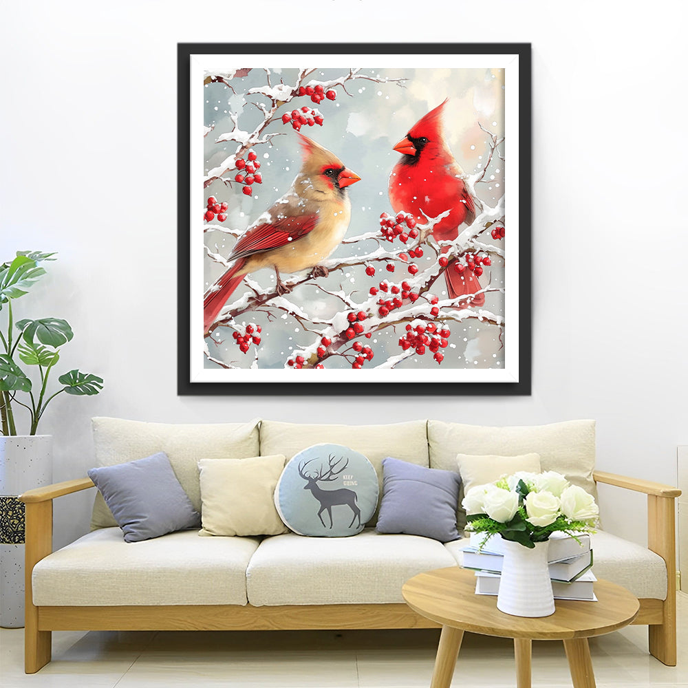 Vogels in de Rode Fruitboom in de Winter Diamond Painting