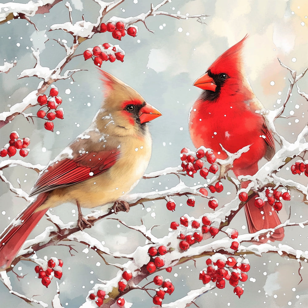 Vogels in de Rode Fruitboom in de Winter Diamond Painting