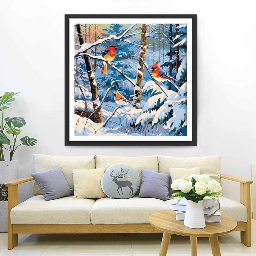 Vogels in het Besneeuwde Bos Diamond Painting