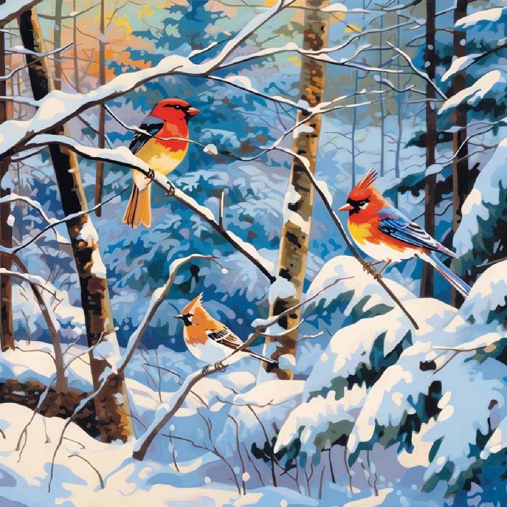 Vogels in het Besneeuwde Bos Diamond Painting