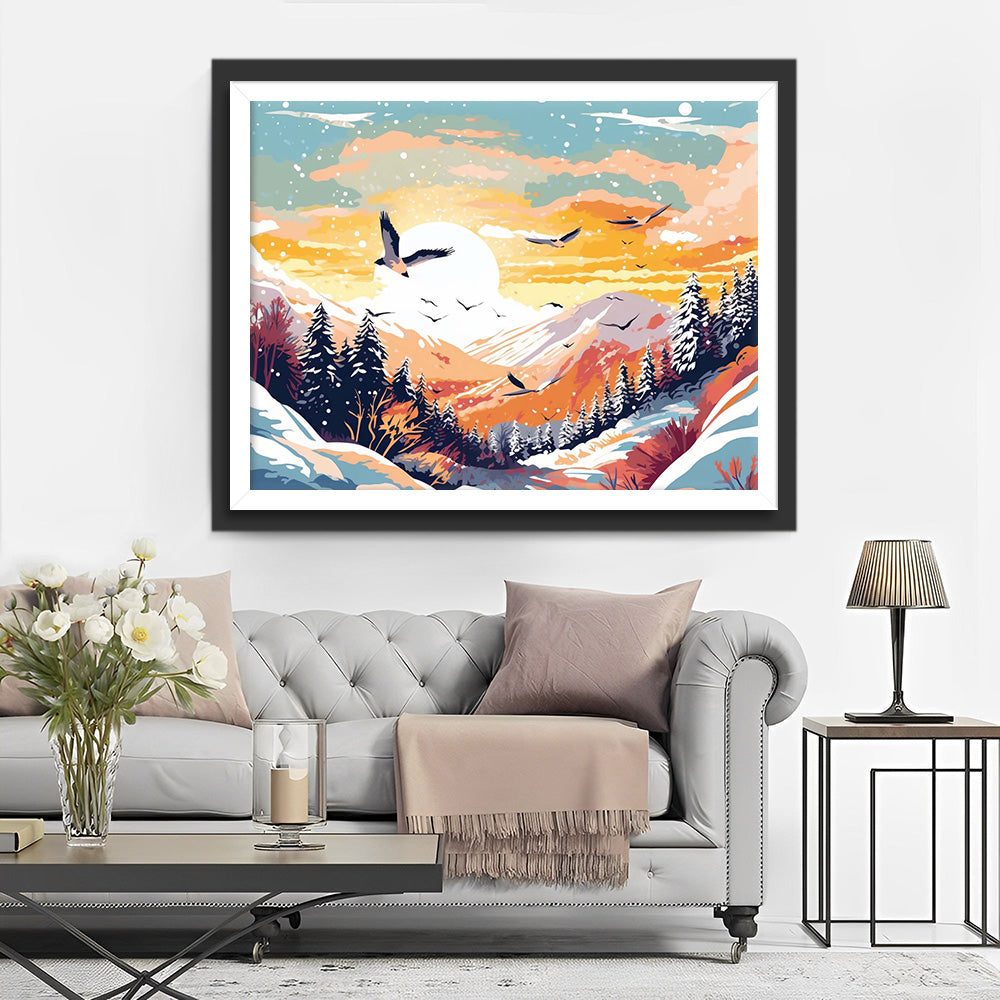 Vogels in Vloed Vliegend over Sneeuwachtige Bergen Diamond Painting