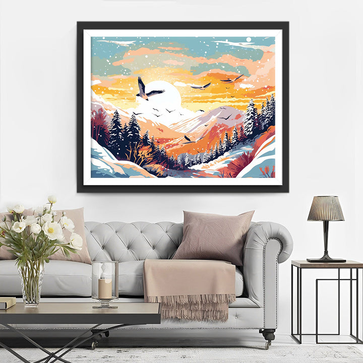 Vogels in Vloed Vliegend over Sneeuwachtige Bergen Diamond Painting