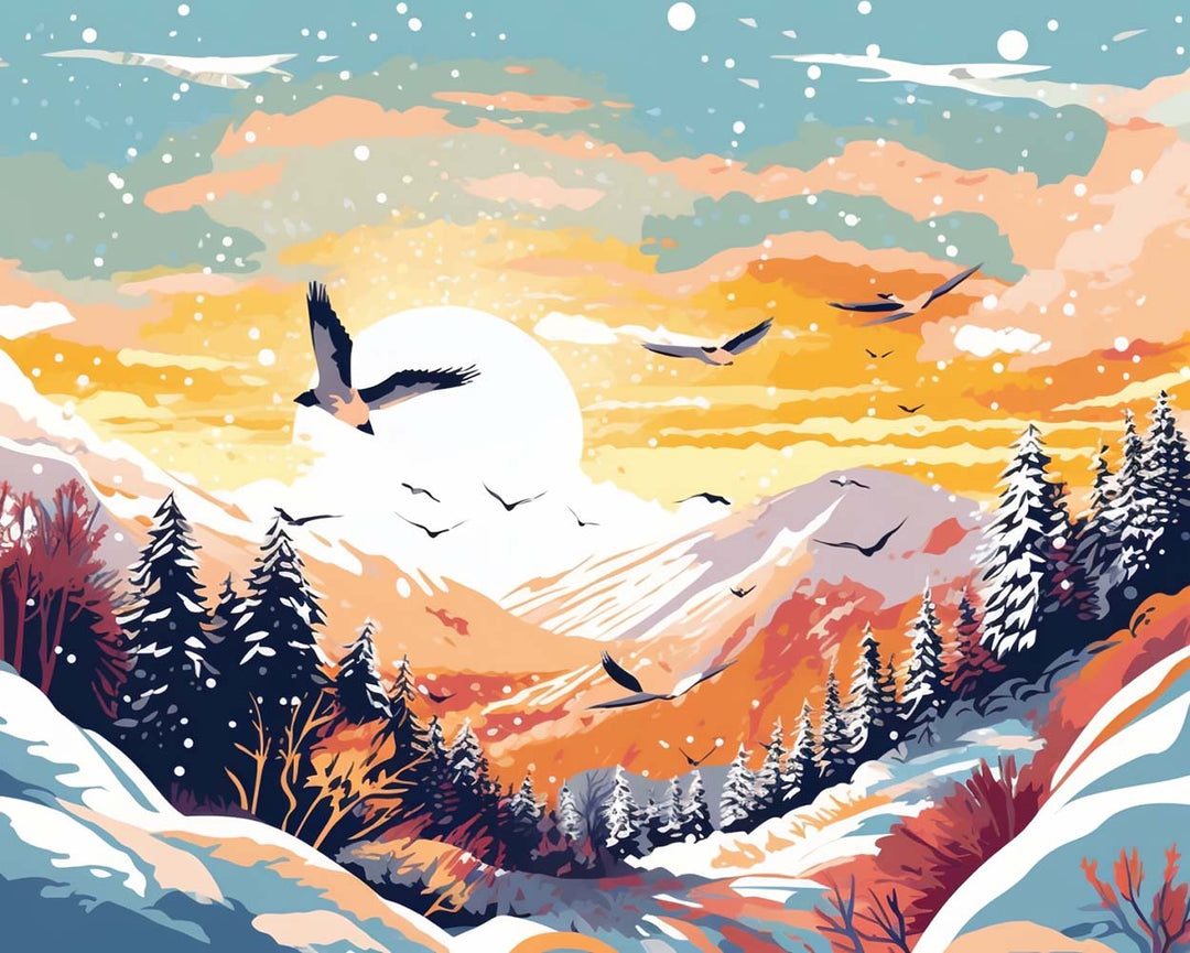 Vogels in Vloed Vliegend over Sneeuwachtige Bergen Diamond Painting