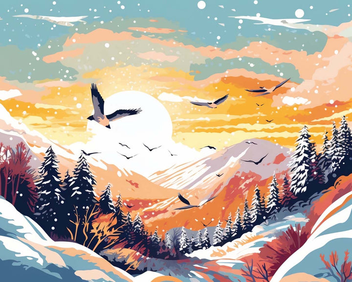 Vogels in Vloed Vliegend over Sneeuwachtige Bergen Diamond Painting