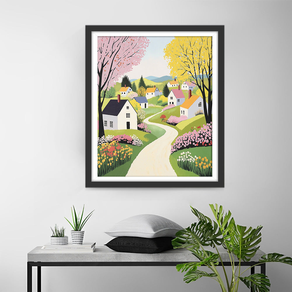 Voorjaarsbomen en Huizen op het Platteland Diamond Painting