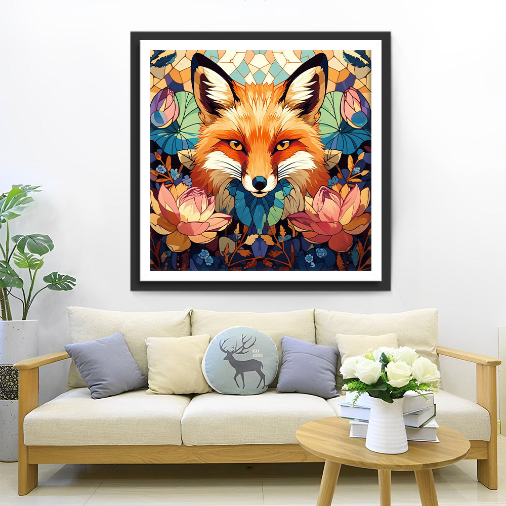 Vos omringd door Lotusbloemen Diamond Painting