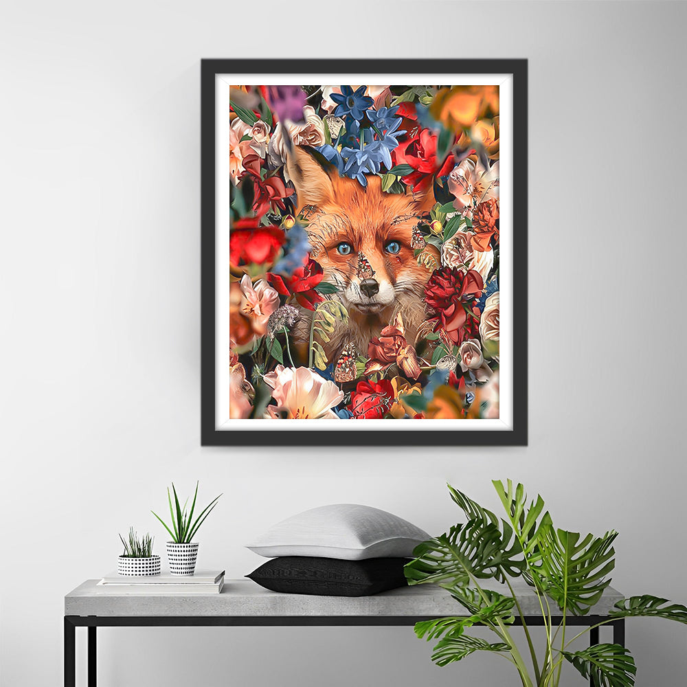 Vos Tussen Kleurrijke Bloemen Diamond Painting