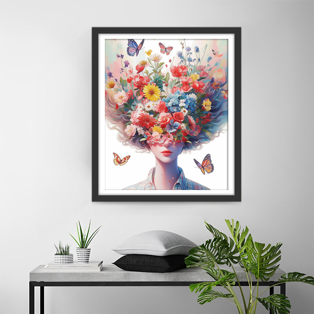 Vrouw, Bloemen en Vlinders Diamond Painting