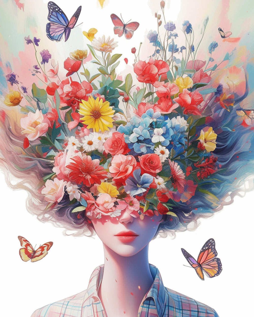 Vrouw, Bloemen en Vlinders Diamond Painting