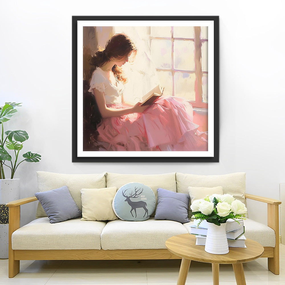 Vrouw die een Boek Leest bij het Raam Diamond Painting
