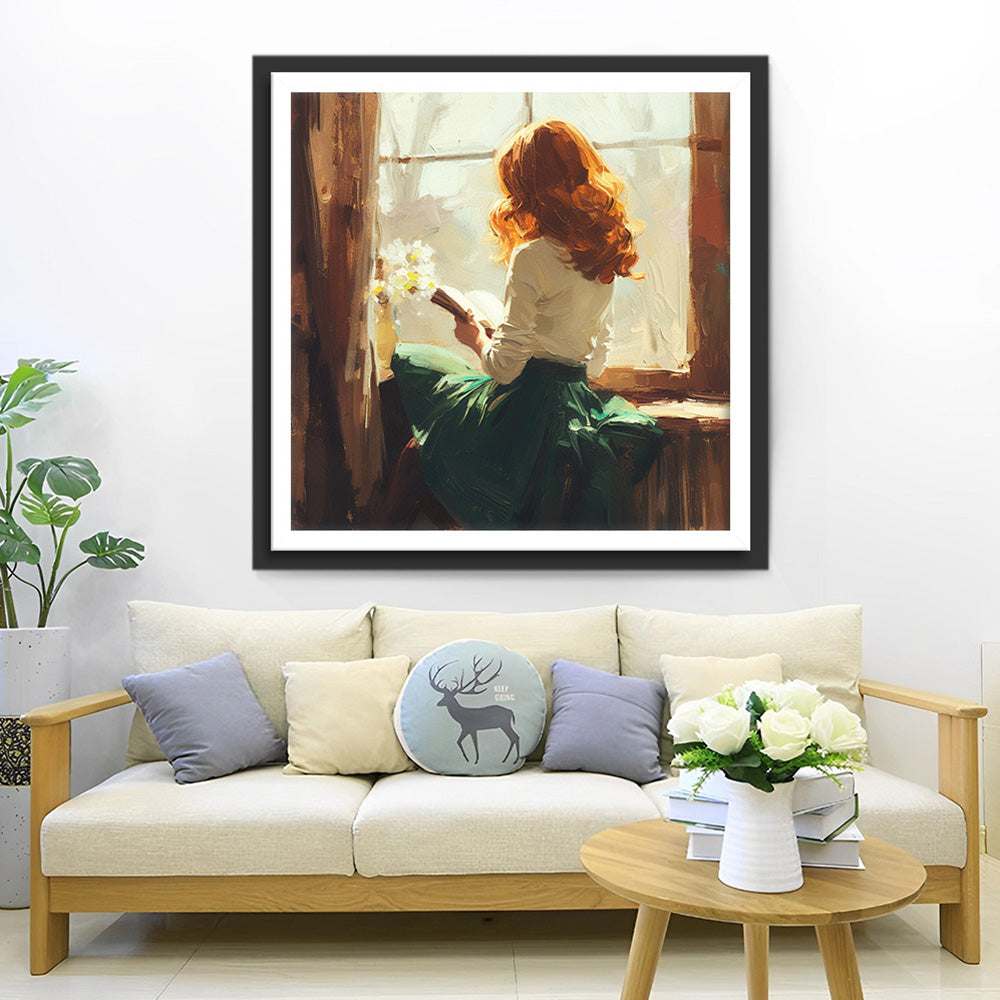 Vrouw die een Boek Leest op de Vensterbank Diamond Painting