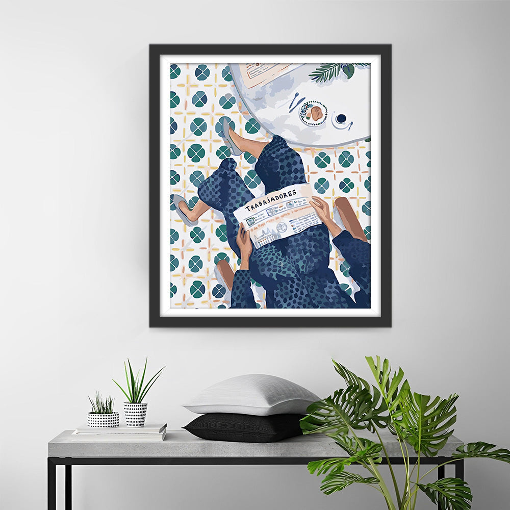Vrouw die Krant Leest Diamond Painting