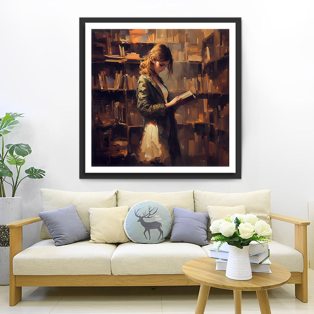 Vrouw in de Bibliotheek Diamond Painting