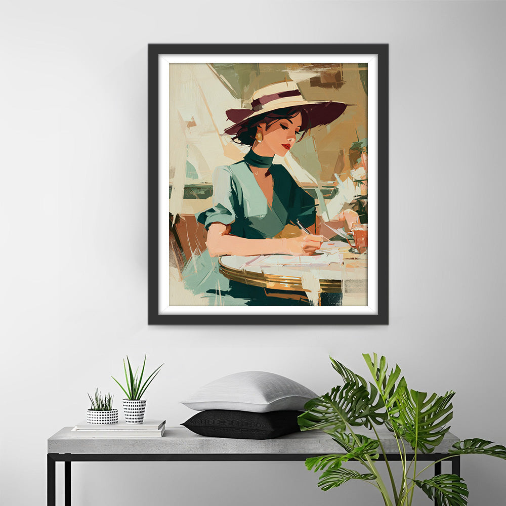 Vrouw in Groene Jurk die een Brief Schrijft Diamond Painting