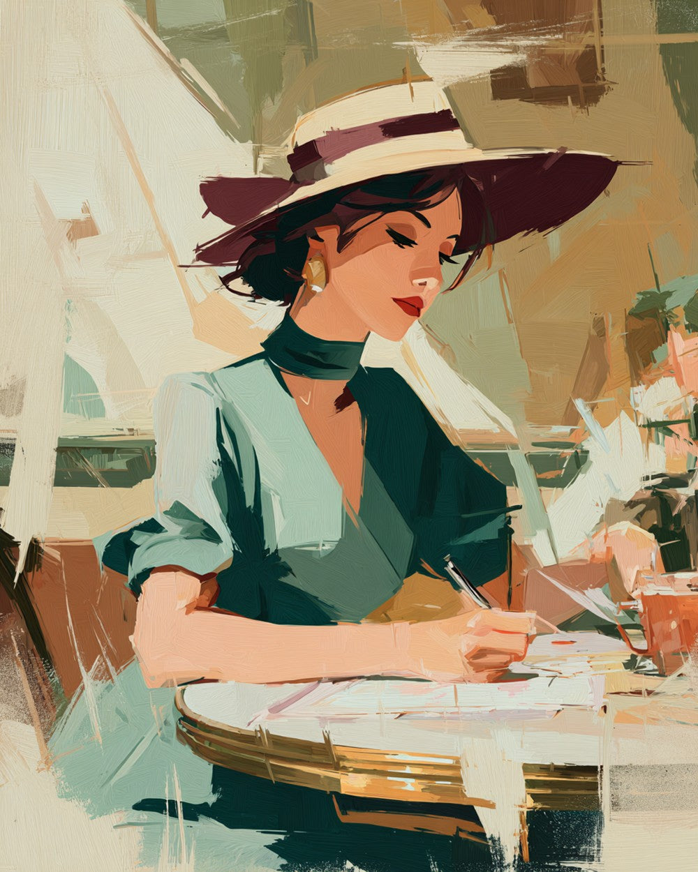 Vrouw in Groene Jurk die een Brief Schrijft Diamond Painting