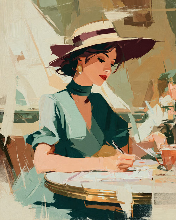 Vrouw in Groene Jurk die een Brief Schrijft Diamond Painting