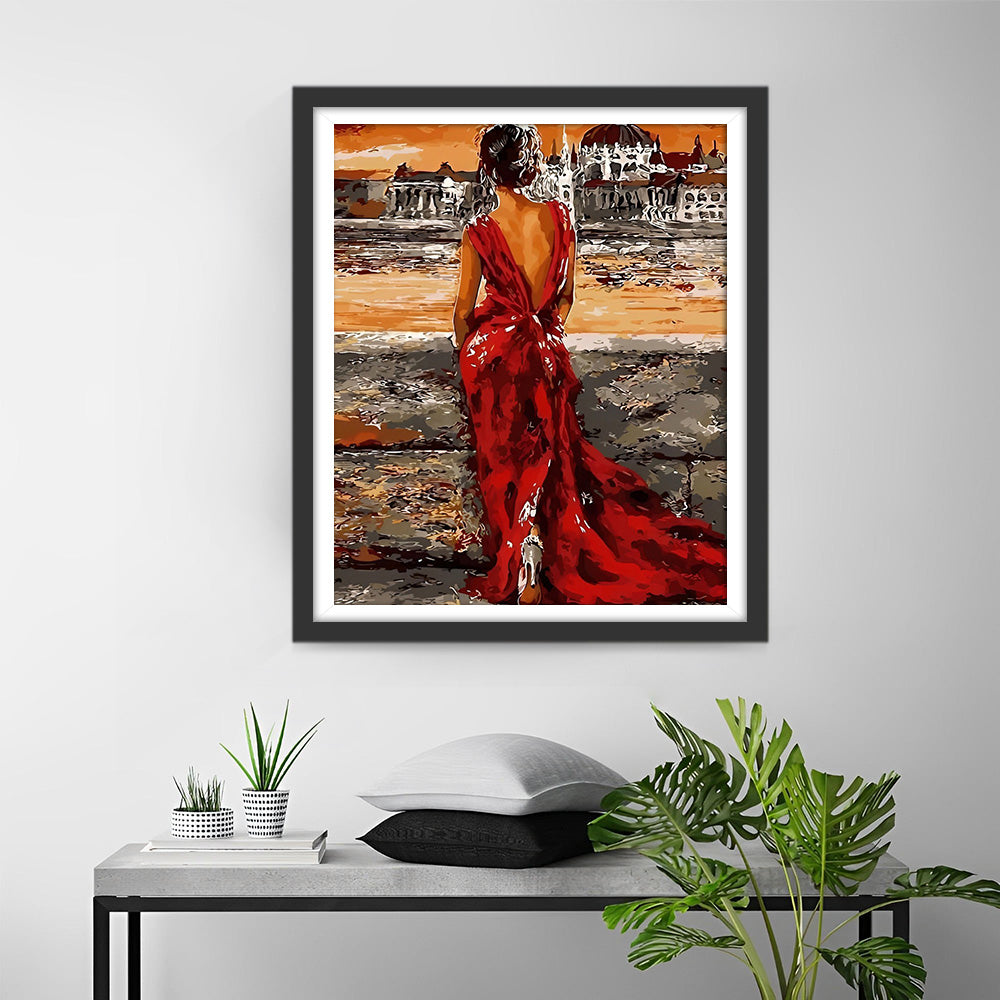 Vrouw in Rode Jurk Buiten Het Paleis Diamond Painting