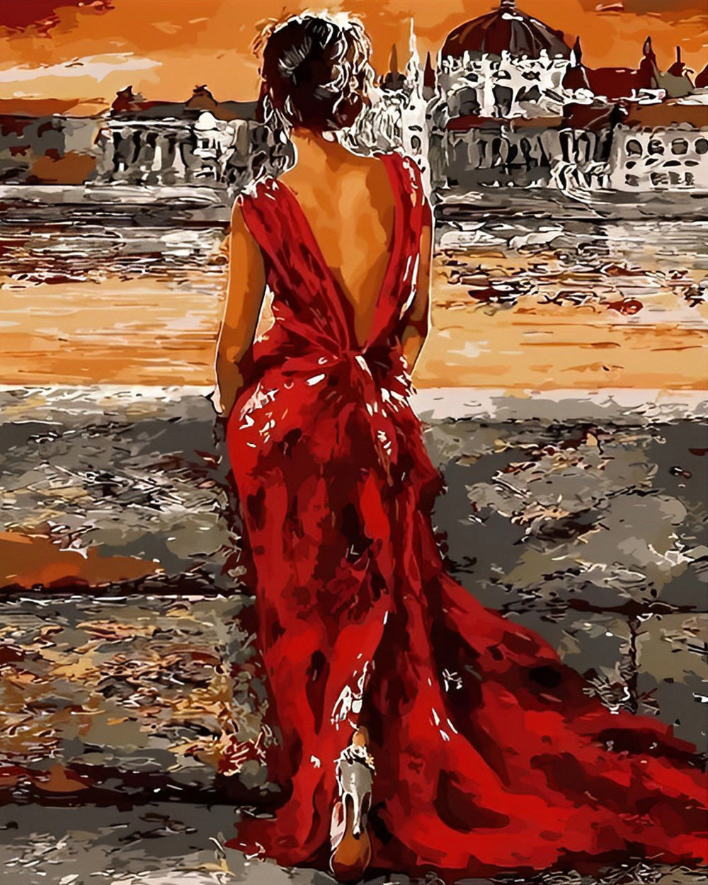 Vrouw in Rode Jurk Buiten Het Paleis Diamond Painting