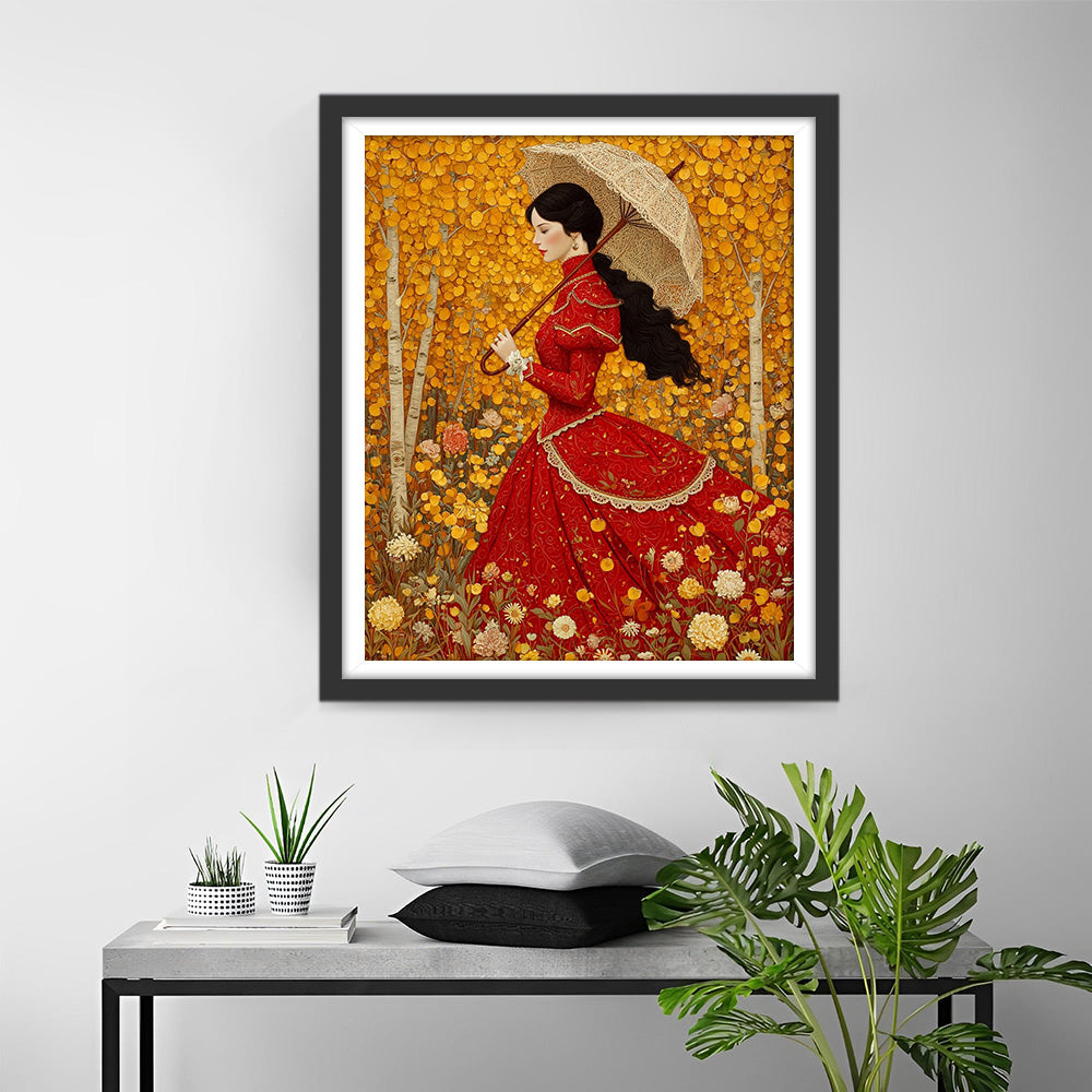 Vrouw in Rode Jurk met Paraplu in het Gouden Ginkgo Bos Diamond Painting
