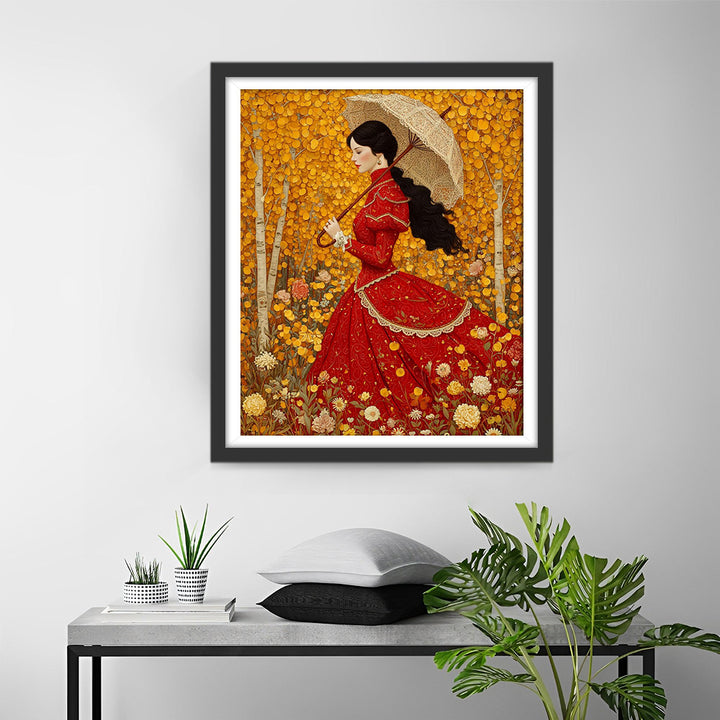 Vrouw in Rode Jurk met Paraplu in het Gouden Ginkgo Bos Diamond Painting
