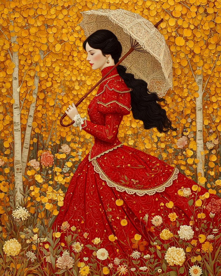Vrouw in Rode Jurk met Paraplu in het Gouden Ginkgo Bos Diamond Painting