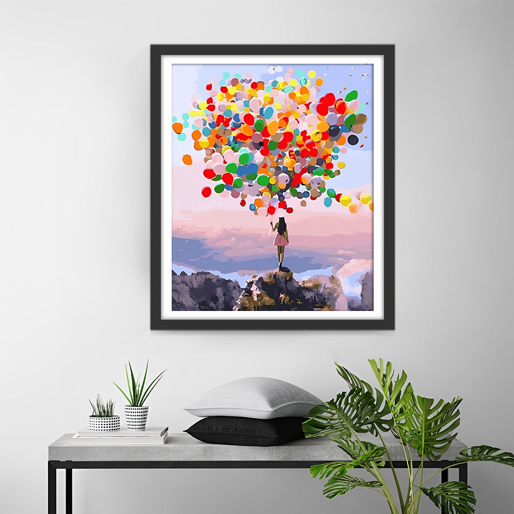 Vrouw met Kleurrijke Ballonnen op de Berg Diamond Painting
