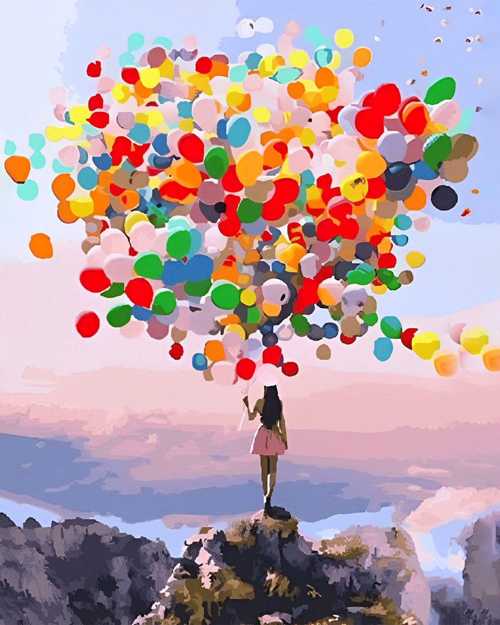Vrouw met Kleurrijke Ballonnen op de Berg Diamond Painting