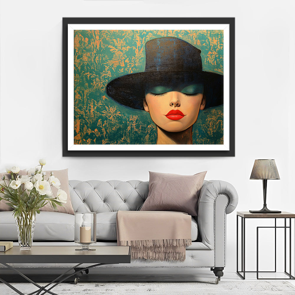 Vrouw met Zwarte Hoed en Groene Oogschaduw Diamond Painting