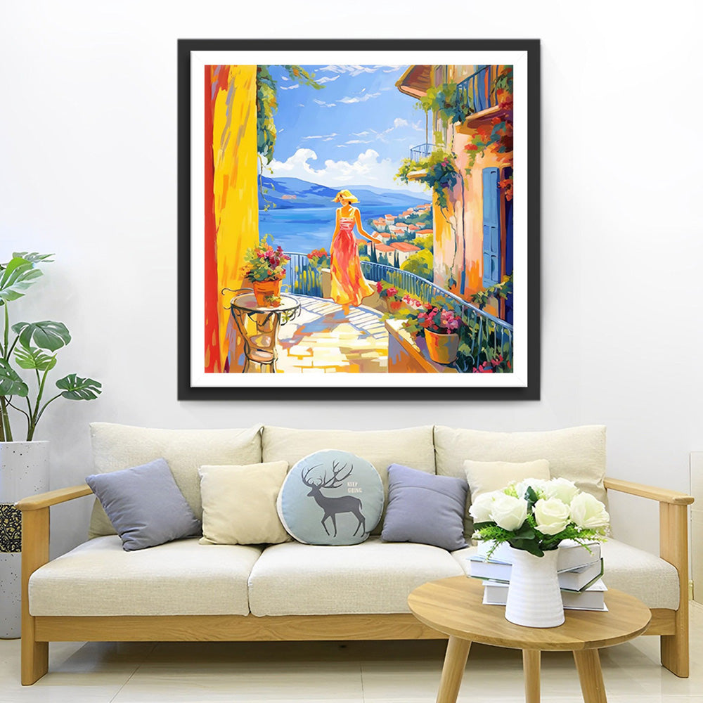 Vrouw op Vakantie in Kuststad Diamond Painting