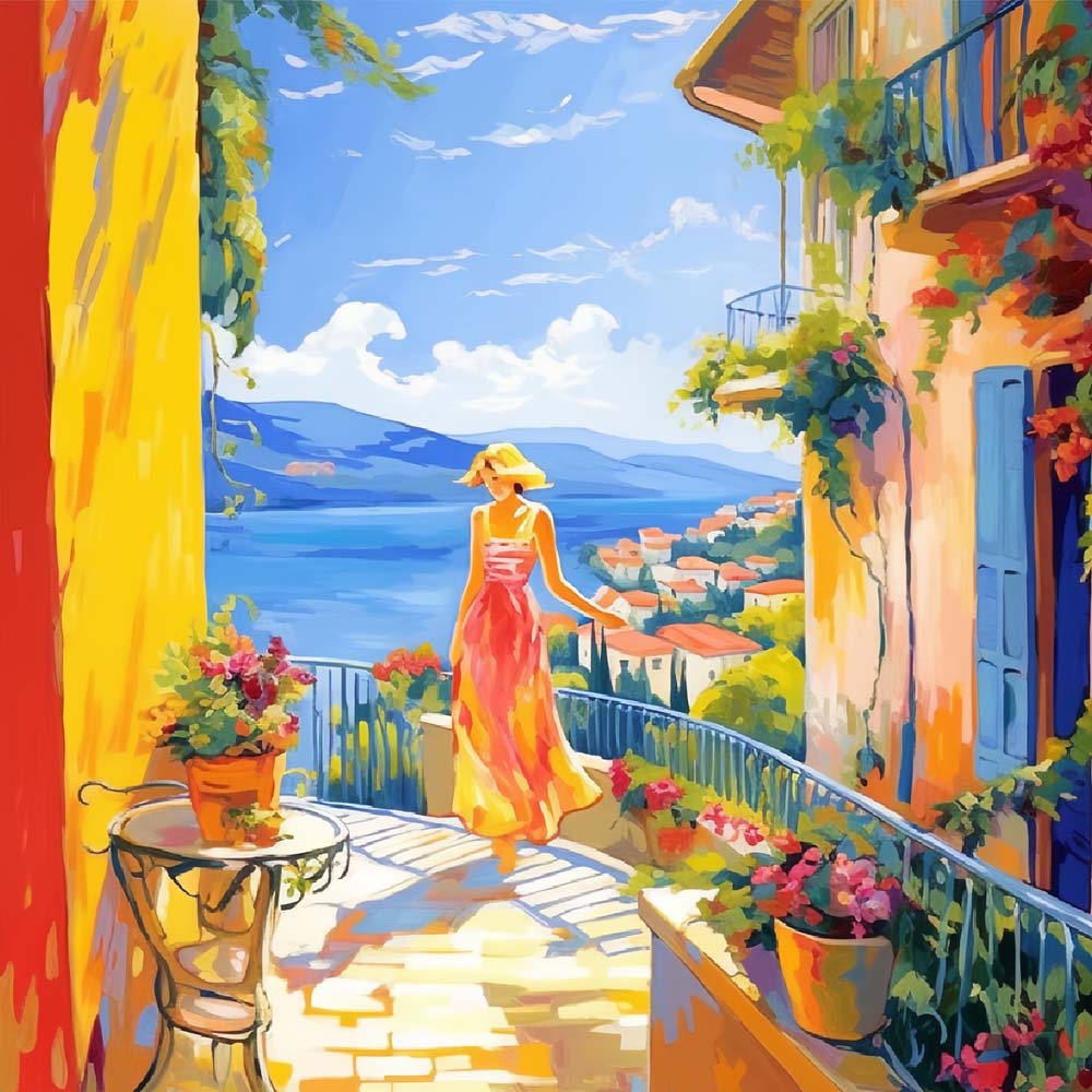 Vrouw op Vakantie in Kuststad Diamond Painting