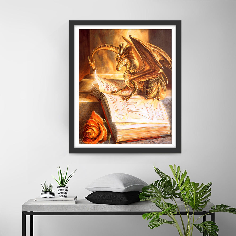 Vuur Draak Die een Boek Leest Diamond Painting