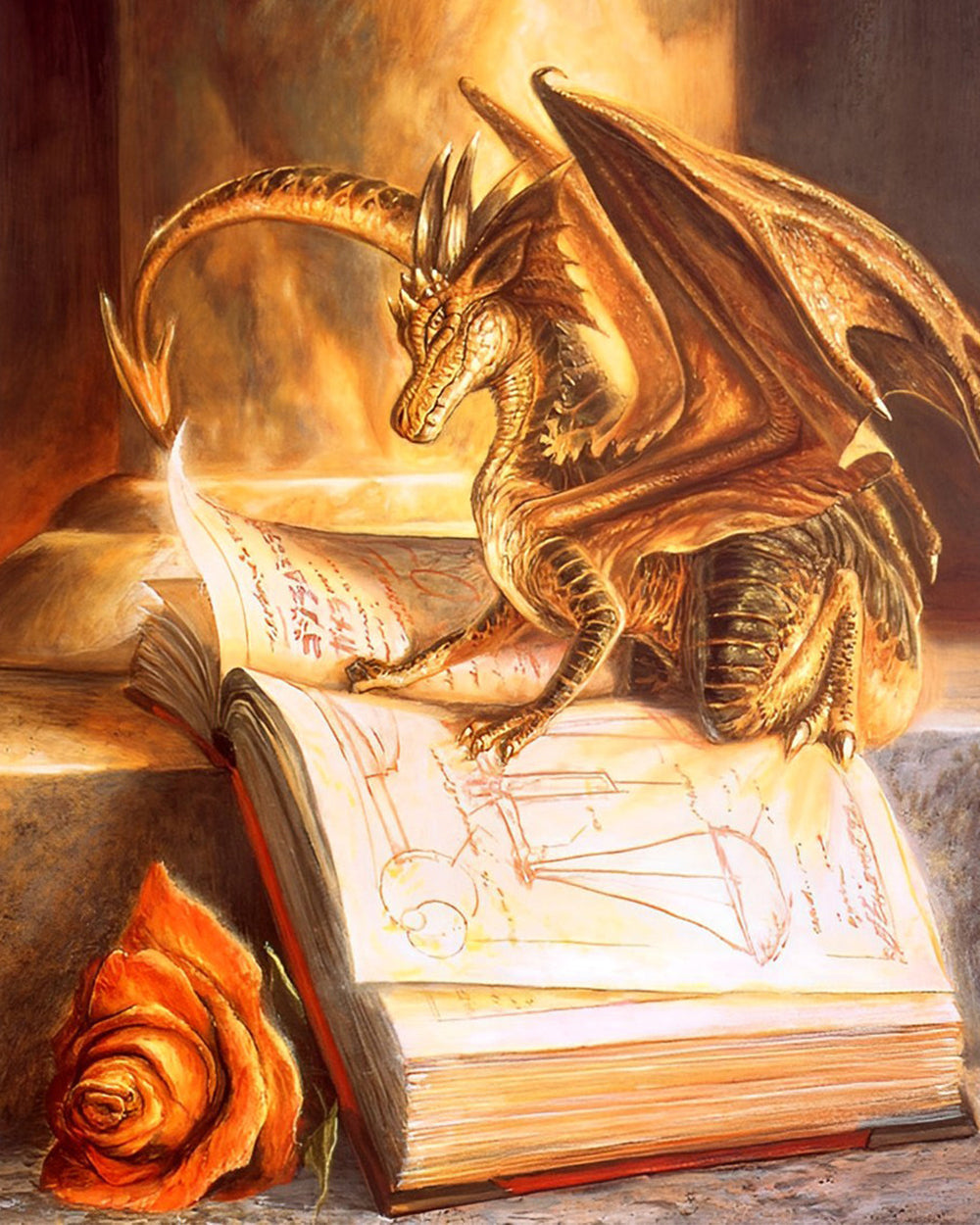 Vuur Draak Die een Boek Leest Diamond Painting