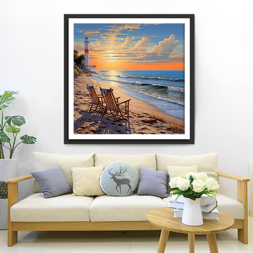 Vuurtoren en Stoelen aan Zee Diamond Painting