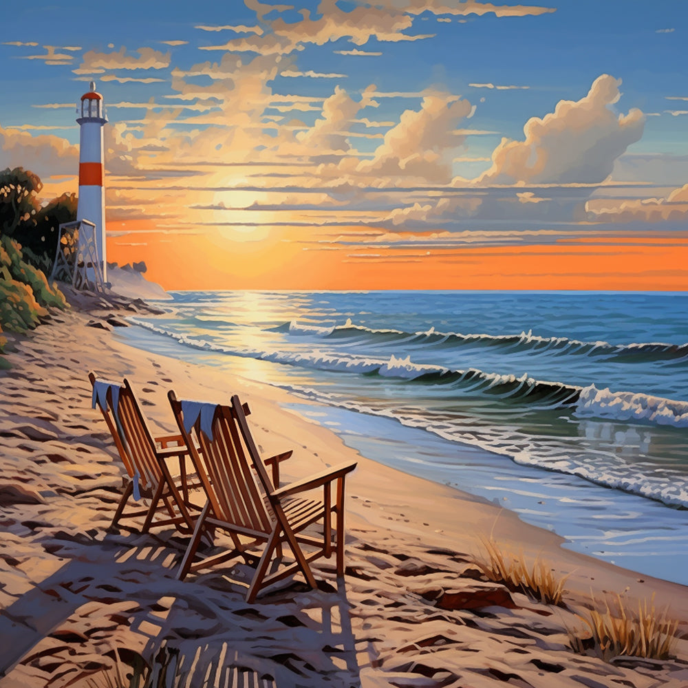 Vuurtoren en Stoelen aan Zee Diamond Painting
