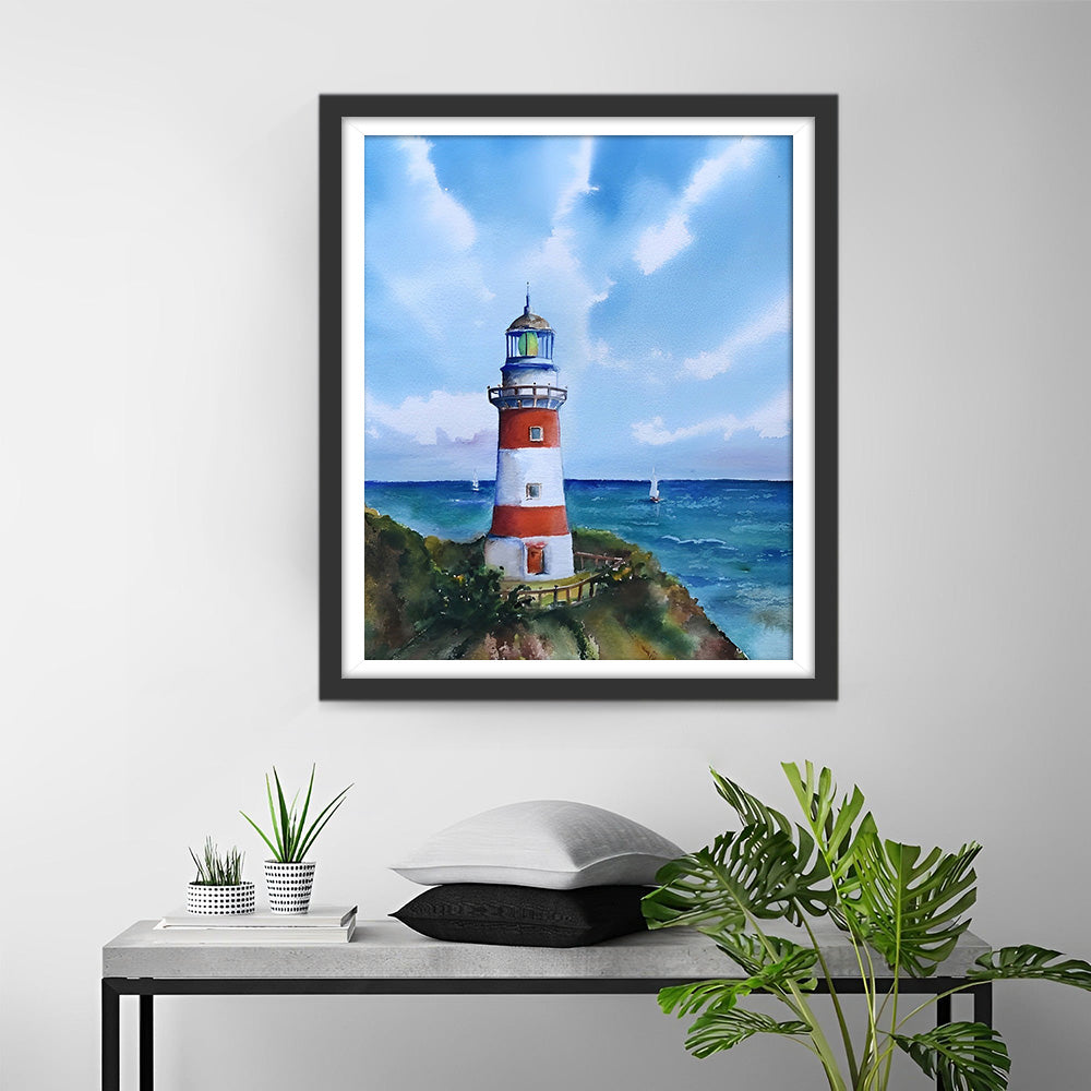Vuurtoren onder de Blauwe Lucht Diamond Painting
