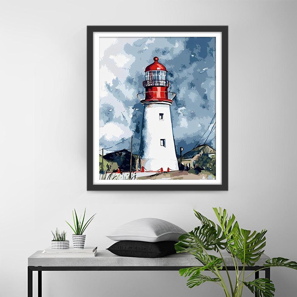 Vuurtoren onder de Donkere Wolken Diamond Painting