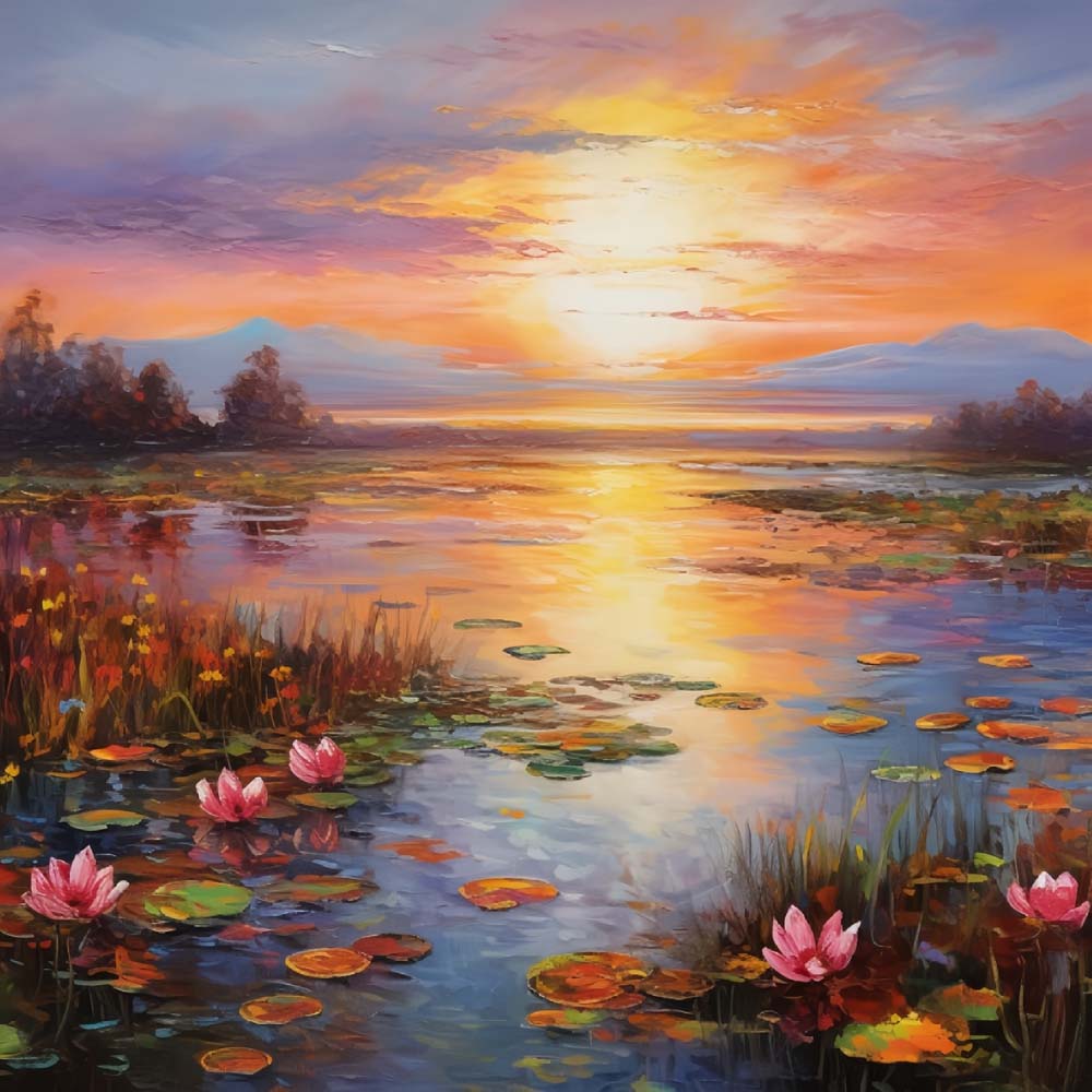 Waterleliemeer bij Zonsondergang Diamond Painting