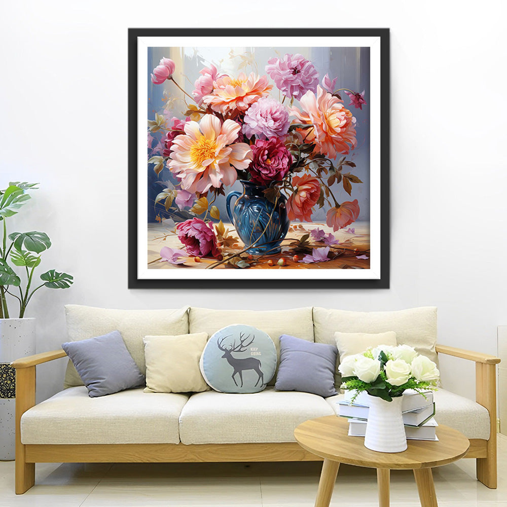 Weelderige Chrysanten in een Groene Vaas Diamond Painting